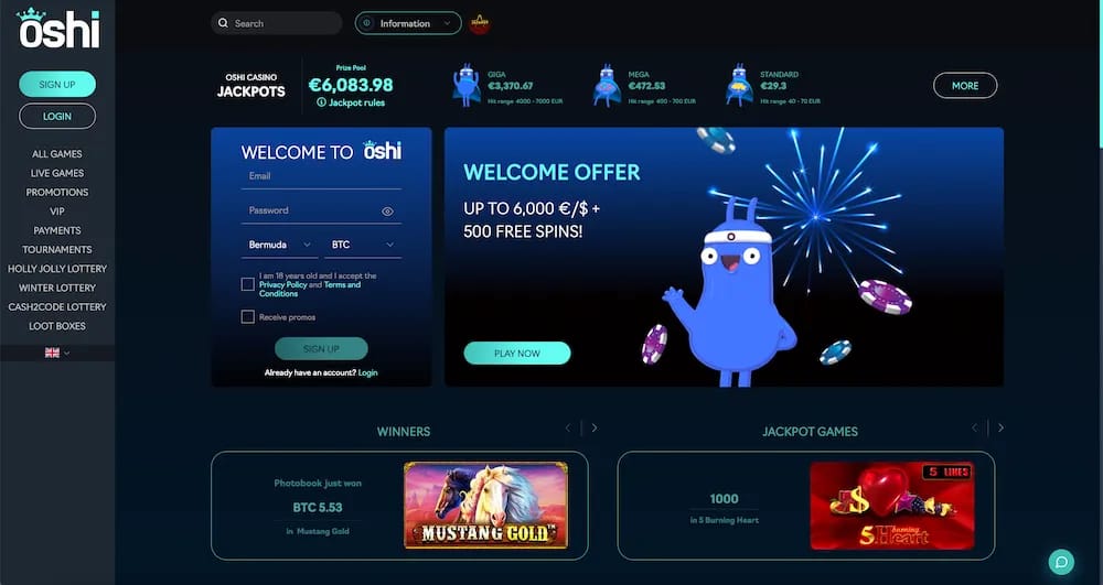 Oshi Crypto Casino homepage, new player bonus