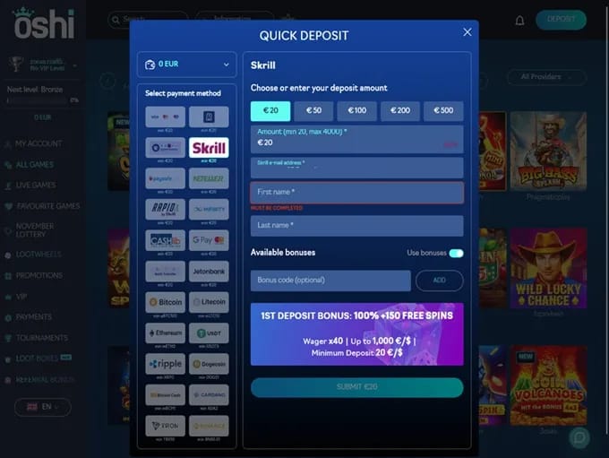 Oshi Casino new player banking options.