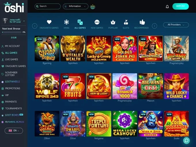 Explore Oshi Casino's lobby for new players.
